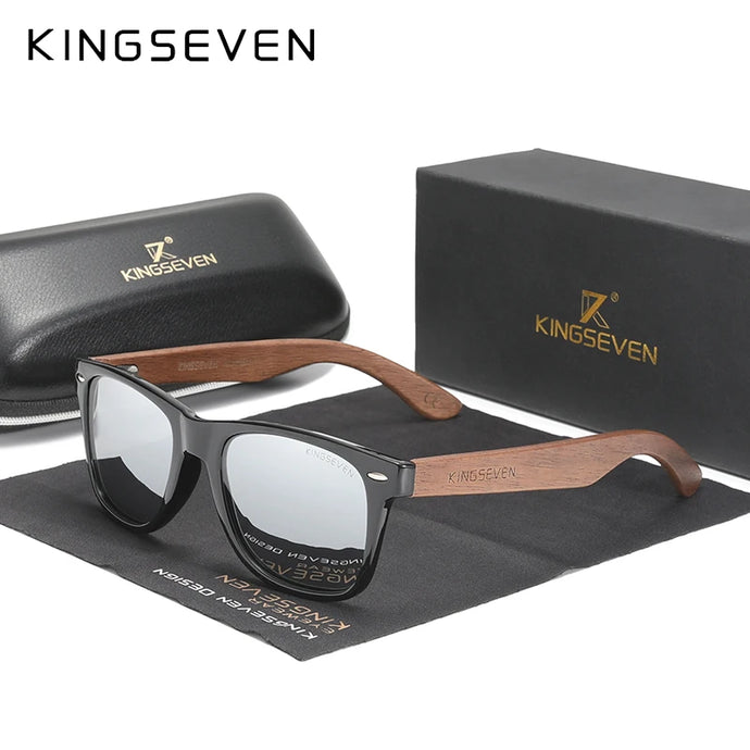 KINGSEVEN Black Rectangle Walnut Wood Men's Sunglasses