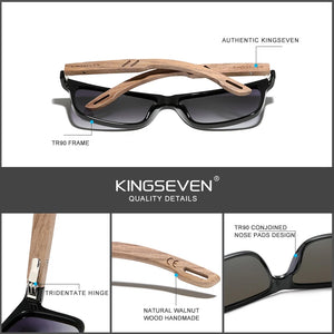 KINGSEVEN Brand TR90 Natural Walnut Wood Men's Rectangle Sunglasses