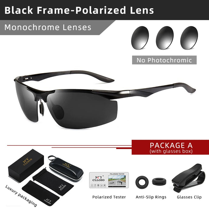 CLLOIO New Aluminum Photochromic Sunglasses Men Polarized Driving Glasses Anti-Glare Chameleon Fishing Sun Glasses UV400 Goggle - Sunglass Associates