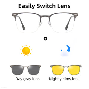 VIVIBEE Semi Rimless Magnetic Clip On Men's Polarized Square Sunglasses