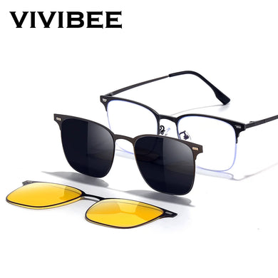 VIVIBEE Semi Rimless Magnetic Clip On Men's Polarized Square Sunglasses